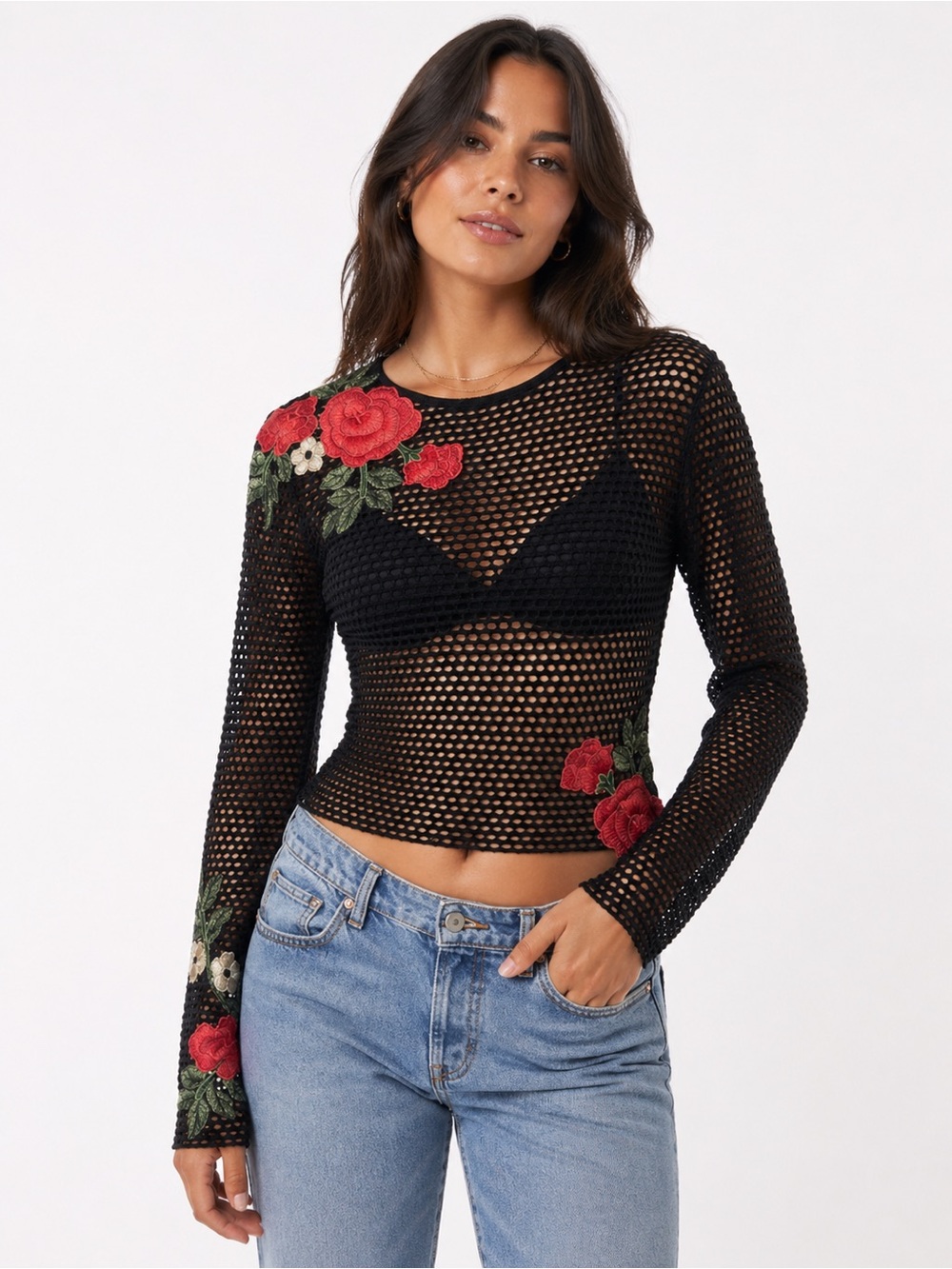 Kiki Riki •  Rose Appliquéd Net Top